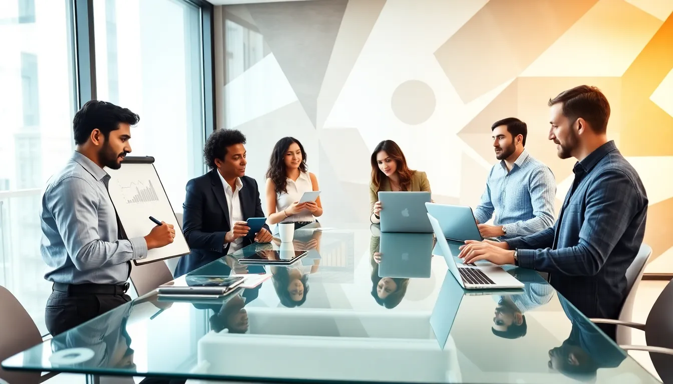 diverse professionals collaborating on data analysis in a modern office.