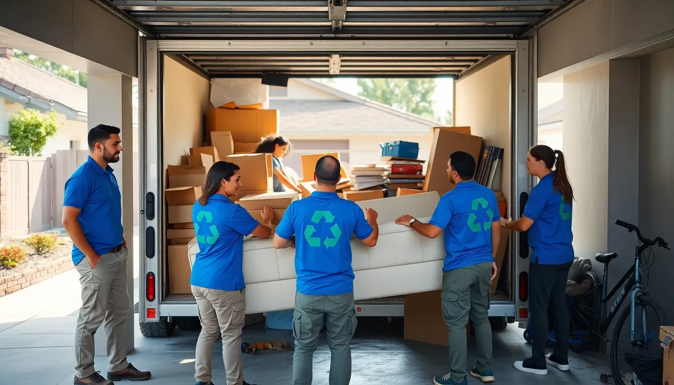 junk removal team working in a cluttered garage.